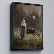 Çerçeveli Süpürgeli Cadıya Özenen Kız Dekoratif Duvar Tablosu -6185