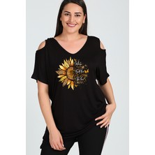 Büyük Beden Be The Sunshine Baskılı Omuzu V Pencere Kısa Kol Bluz