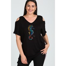 Büyük Beden Denizatı Baskılı Omuzu V Pencere Kısa Kol Bluz