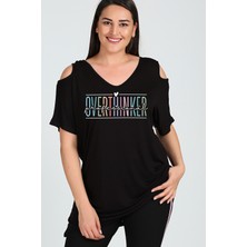 Büyük Beden Overthinker Baskılı Omuzu V Pencere Kısa Kol Bluz