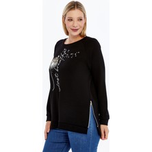 Büyük Beden Breathe Baskılı Fermur Yırtmaç Detaylı Yumuşak Dökümlü Kumaş Reglan Kol Sweashirt