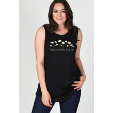 Büyük Beden Daisies Baskılı Kolsuz Viskon Basic Bluz