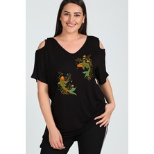 Büyük Beden Koi Fish Baskılı Omuzu V Pencere Kısa Kol Bluz