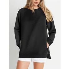Büyük Beden Fermur Yırtmaç Detaylı Yumuşak Dökümlü Kumaş Reglan Kol Sweashirt