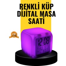 7 Renk LED Işıklı Alarmlı Dijital Küp Masa Saati Termometreli
