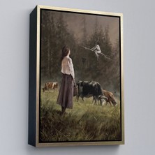 Çerçeveli Süpürgeli Cadıya Özenen Kız Dekoratif Duvar Tablosu -6185