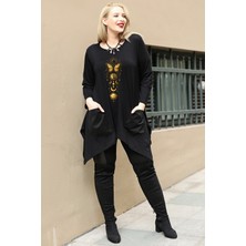 Büyük Beden Sembol Baskılı Ön Cepli Yırtmaçlı Uzun Kol Tunik