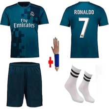 Real Madrid Cristiano Ronaldo Turkuaz 2018  Sezon Özel Tasarım Deplasman Çocuk Forma Takımı 4 Parça Forma +Şort +Çorap + Bileklik Hediye
