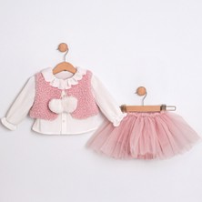 Yaka Detaylı Ponpon Yelekli Tül Etekli Sugar Pembe 3lü Takım Kız Bebek