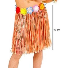 Yetişkin ve Çocuk Uyumlu Turuncu Renk Püsküllü Hawaii Luau Hula Etek 40 cm