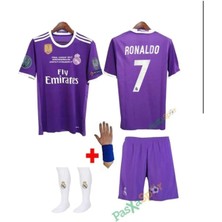 Real Madrid Cristiano Ronaldo Mor  2017   Sezon Cardif Şampiyonlar Ligi Çocuk Forma Takımı 4 Parça Forma +Şort +Çorap + Bileklik Hediye