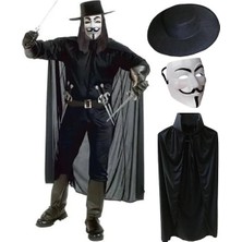 V For Vendetta Maskesi Şapkası ve Pelerin Kostüm Seti Yetişkin Boy