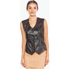 Deriza Hakiki Deri Kadın Deri Yelek Siyah