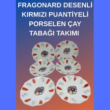 Fragonard Desenli Kırmızı Puantiyeli Porselen Çay Tabağı Takımı