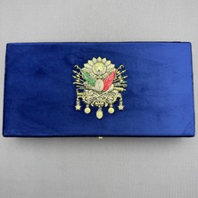 Büyük Boy Mavi Osmanlı Tuğralı Büyük Boy Kadife Tespih Kutusu