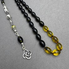 925 Ayar Ayyıldız Gümüş Püsküllü Sarı Siyah Renkli Sıkma Kehribar Tespih