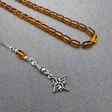 925 Ayar Gümüş Püsküllü Bilek Boy Bal Rengi Sıkma Kehribar Tespih