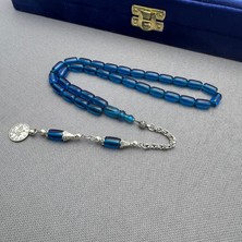 Alpaka Püsküllü Mavi Renk Özel Döküm Kapsül Kesim Sıkma Kehribar Tespih