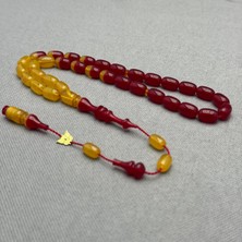 Emine Reşvani Usta Işçilikli Sarı Kırmızı Renk Geçişli Hareli Sıkma Kehribar Tespih