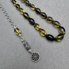 925 Ayar Gümüş Püsküllü Şeffaf Siyah Hareli Sıkma Kehribar Tespih