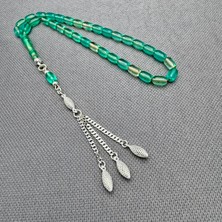 925 Ayar Gümüş Püsküllü Bilek Boy Açık Yeşil Sıkma Kehribar Tespih