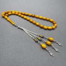 Özel Alpaka Dizayn Püsküllü Sarı Renk Dikey Yoğun Hareli Sıkma Kehribar Tespih