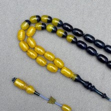 Emine Reşvani Usta Işçilikli Sarı Lacivert Renk Geçişli Hareli Sıkma Kehribar Tespih