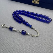 Alpaka Püsküllü Lacivert Renk Kapsül Kesim Sıkma Kehribar Tespih