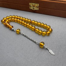 Alpaka Püsküllü Sarı Bilek Boy Sıkma Kehribar Tespih