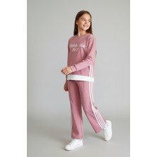 "athletic Club" Baskılı, Üç Çizgili Pembe-Beyaz Geniş Paça Kız Çocuk Eşofman Takımı