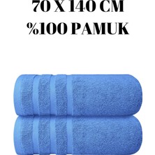 Mavi Ikili Banyo Duş Havlu Seti %100 Pamuk Üç Çizgi Desenli 70 x 140 cm