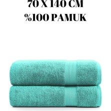 Turkuaz Ikili Banyo Duş Havlu Seti %100 Pamuk Çizgi Desenli 70 x 140 cm