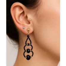 Altın Renk Kombin Üç Yuvarlaklı Siyah Boncuk Küpe