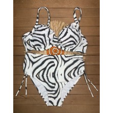 Xorvio Kadın Zebra Desen Likralı Esnek Şık Rahat Büyük Beden Telli Balenli Toparlayıcı Yüksek Bel Bikini Takım