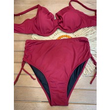 Xorvio Kadın Bordo Likralı Esnek Şık Rahat Büyük Beden Telli Balenli Toparlayıcı Yüksek Bel Bikini Takım
