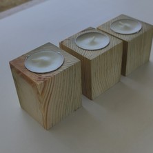 10 Adet 3 Lü Set (Toplam 30 Mumluk)Doğal Ahşap Küp Mumluk 6 x 6 cm (Mum Dahil)