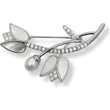 Oya Silver Beyaz Işıltılı Sedefli Gümüş Lale Broş – 5.2x3 cm