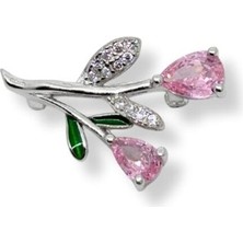 Oya Silver Minimal Pembe Kuvars Taşlı Gümüş Çiçek Broş – 1.5x2.4 cm