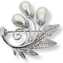 Oya Silver Inci Tomurcuğu Yaprak Gümüş Broş – 3.8x3.5 cm