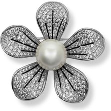 Oya Silver Taşlı Incili Gümüş Çiçek Broş – 3.5x3.5 cm
