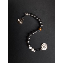 Mryart Metalik Füme Renk Doğal Hematit ve Ortasında Kaplan Gözü Boncuklu Zaza Tesbih