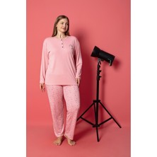 Kadın Şeker Pembe Düğmeli Sıfır Yaka Düz Pamuklu Bambu Kumaş Uzun Kol Pijama Takımı