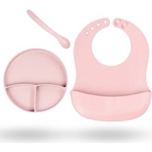 Büro Ev Ofis Bebek Beslemesi Için 3parça Pembe Silikon Önlük Vakumlu Tabak Kaşık Yemek Seti