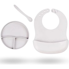 Büro Ev Ofis Bebek Beslemesi Için 3parça Gri Silikon Önlük Vakumlu Tabak Kaşık Yemek Seti