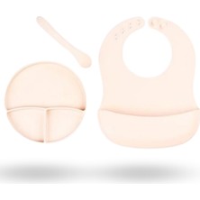 Büro Ev Ofis Bebek Beslemesi Için 3parça Krem Silikon Önlük Vakumlu Tabak Kaşık Yemek Seti