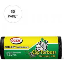Orta Boy Çöp Torbası 55 x 60 cm 20 Li Rulo x 50 Paket = 1.000 Adet (Siyah)