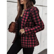 Equri Kadın Uzun Kollu Yakalı Kare Desenli Ekoseli Düğmeli Ceket