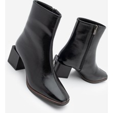 Marjin Kadın Topuklu Bot&Bootie Küt Burun Ahşap Desen Ökçe Fermuarlı Günlük Klasik Bot Noyes Siyah