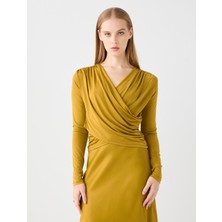 Jimmy Key Yağ Yeşili Dar Kesim Uzun Kollu Çapraz Yaka Örme Bluz