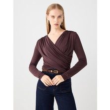 Jimmy Key Acı Kahve Dar Kesim Uzun Kollu Çapraz Yaka Örme Bluz